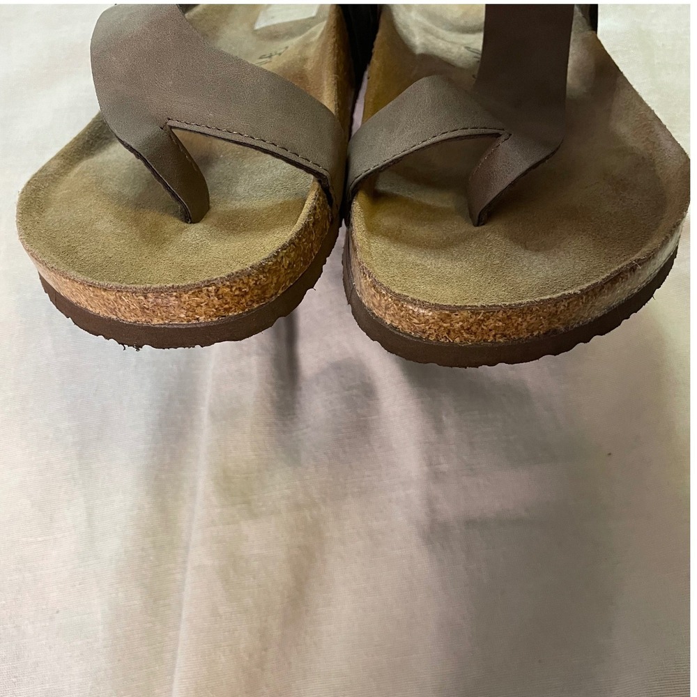 Womens 10 Brown Leather Cork Footbed Sandals Toe Loop Adjustable Buckle Comfort